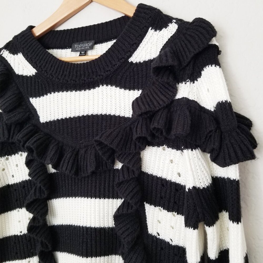 Topshop Humbug Ruffle Striped Knit Sweater Size 8 Black White Romantic Parisian - Picture 8 of 15